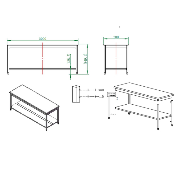 Vaiotec Gastro-Arbeitstisch, mit Grundboden, 2000 × 700 mm, Bild 3