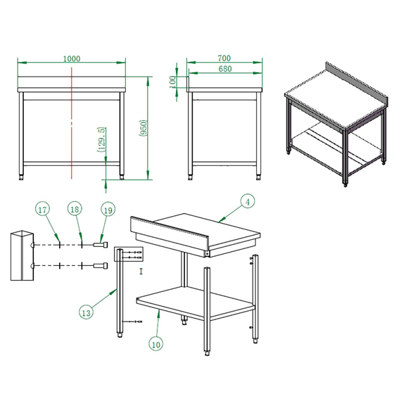 Vaiotec Gastro-Arbeitstisch, mit Grundboden & Aufkantung, 1000 × 700 mm, Bild 3