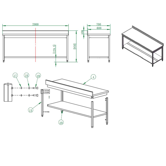 Vaiotec Gastro-Arbeitstisch, mit Grundboden & Aufkantung, 2000 × 700 mm, Bild 3