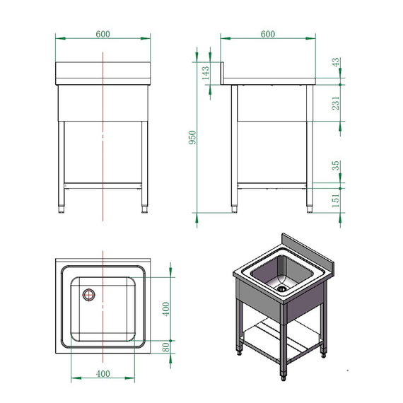 Vaiotec Gastro-Spültisch, 1 Becken, 600 × 600 mm, Bild 3