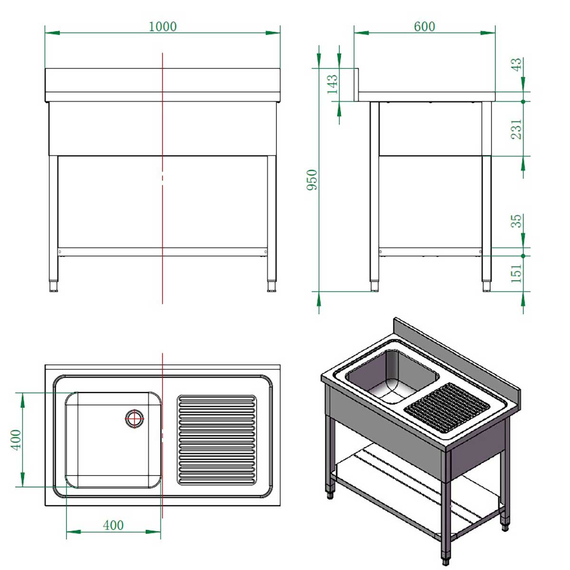 Vaiotec Gastro-Spültisch, 1 Becken links mit Abtropffläche, 1000 × 600 mm, Bild 4
