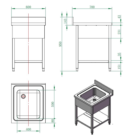 Vaiotec Gastro-Spültisch, 1 Becken, 600 × 700 mm, Bild 3