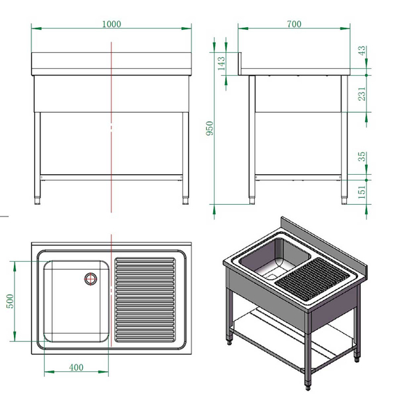 Vaiotec Gastro-Spültisch, 1 Becken links und Abtropffläche, 1000 × 700 mm, Bild 4