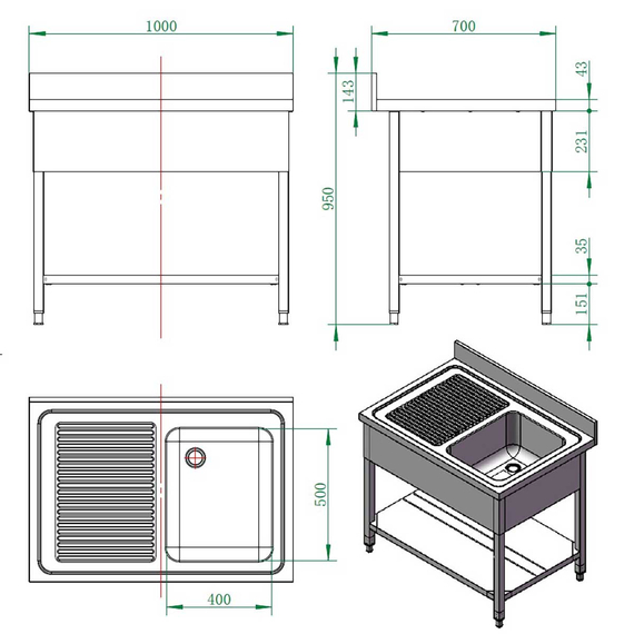 Vaiotec Gastro-Spültisch, 1 Becken rechts und Abtropffläche, 1000 × 700 mm, Bild 4