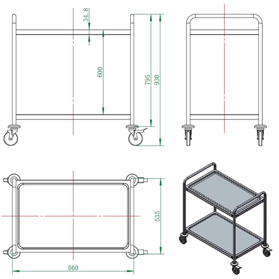 Vaiotec Servierwagen Edelstahl, 2 Böden, 860 × 540 mm, Bild 5
