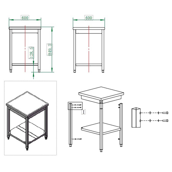 Vaiotec Gastro-Arbeitstisch, mit Grundboden, 600 × 600 mm, Bild 3