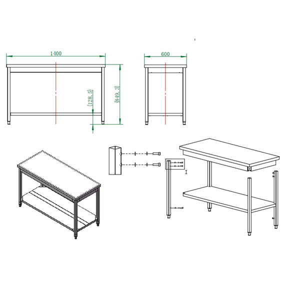 Vaiotec Gastro-Arbeitstisch, mit Grundboden, 1400 × 600 mm, Bild 3