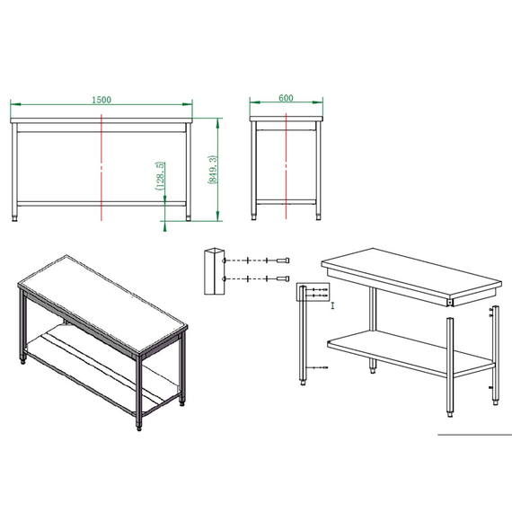 Vaiotec Gastro-Arbeitstisch, mit Grundboden, 1500 × 600 mm, Bild 3