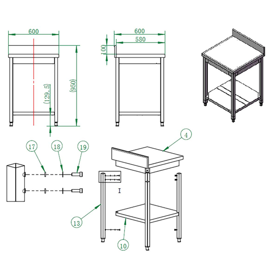 Vaiotec Gastro-Arbeitstisch, mit Grundboden & Aufkantung, 600 × 600 mm, Bild 3