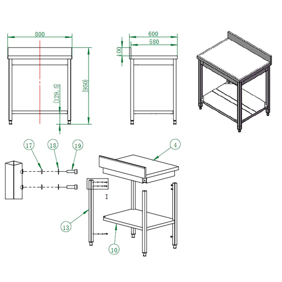 Vaiotec Gastro-Arbeitstisch, mit Grundboden & Aufkantung, 800 × 600 mm, Bild 3