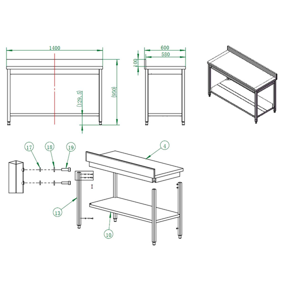 Vaiotec Gastro-Arbeitstisch, mit Grundboden & Aufkantung, 1400 × 600 mm, Bild 3