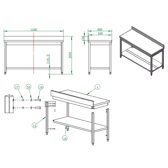 Vaiotec Gastro-Arbeitstisch, mit Grundboden & Aufkantung, 1500 × 600 mm, Bild 3
