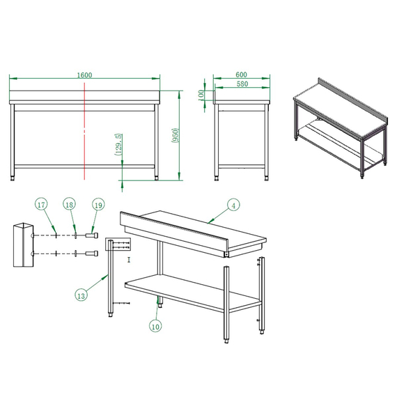 Vaiotec Gastro-Arbeitstisch, mit Grundboden & Aufkantung, 1600 × 600 mm, Bild 3