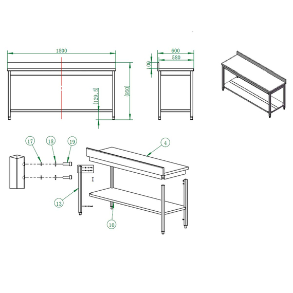 Vaiotec Gastro-Arbeitstisch, mit Grundboden & Aufkantung, 1800 × 600 mm, Bild 3