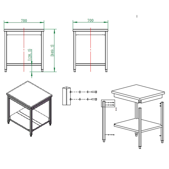 Vaiotec Gastro-Arbeitstisch, mit Grundboden, 700 × 700 mm, Bild 3