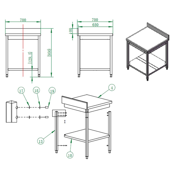 Vaiotec Gastro-Arbeitstisch, mit Grundboden & Aufkantung, 700 × 700 mm, Bild 3