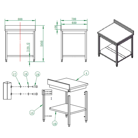 Vaiotec Gastro-Arbeitstisch, mit Grundboden & Aufkantung, 800 × 700 mm, Bild 3