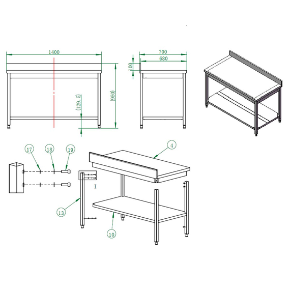 Vaiotec Gastro-Arbeitstisch, mit Grundboden & Aufkantung, 1400 × 700 mm, Bild 3