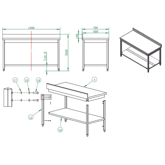 Vaiotec Gastro-Arbeitstisch, mit Grundboden & Aufkantung, 1500 × 700 mm, Bild 3