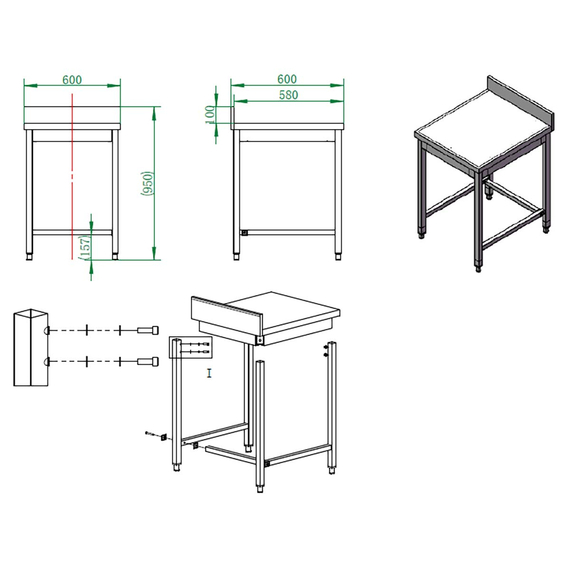 Vaiotec Gastro-Arbeitstisch, unterfahrbar mit Aufkantung, 600 × 600 mm, Bild 4