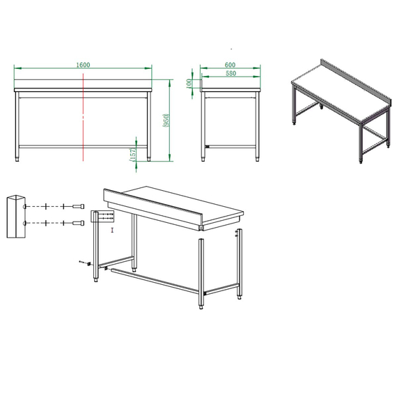 Vaiotec Gastro-Arbeitstisch, unterfahrbar mit Aufkantung, 1600 × 600 mm, Bild 4