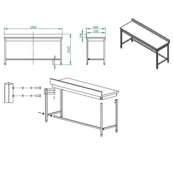 Vaiotec Gastro-Arbeitstisch, unterfahrbar mit Aufkantung, 1800 × 600 mm, Bild 4