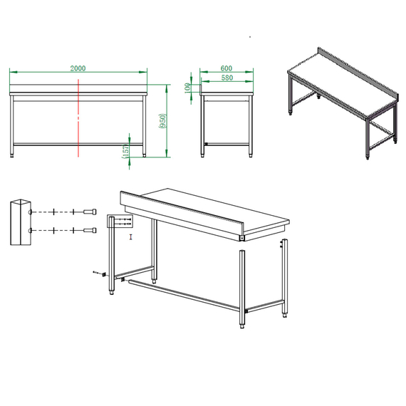 Vaiotec Gastro-Arbeitstisch, unterfahrbar mit Aufkantung, 2000 × 600 mm, Bild 4