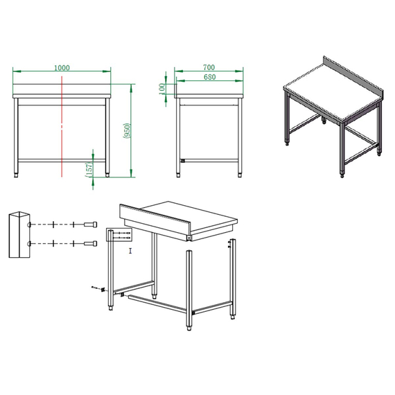 Vaiotec Gastro-Arbeitstisch, unterfahrbar mit Aufkantung, 1000 × 700 mm, Bild 4