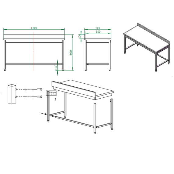 Vaiotec Gastro-Arbeitstisch, unterfahrbar mit Aufkantung, 1600 × 700 mm, Bild 4