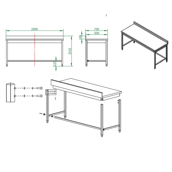 Vaiotec Gastro-Arbeitstisch, unterfahrbar mit Aufkantung, 2000 × 700 mm, Bild 4