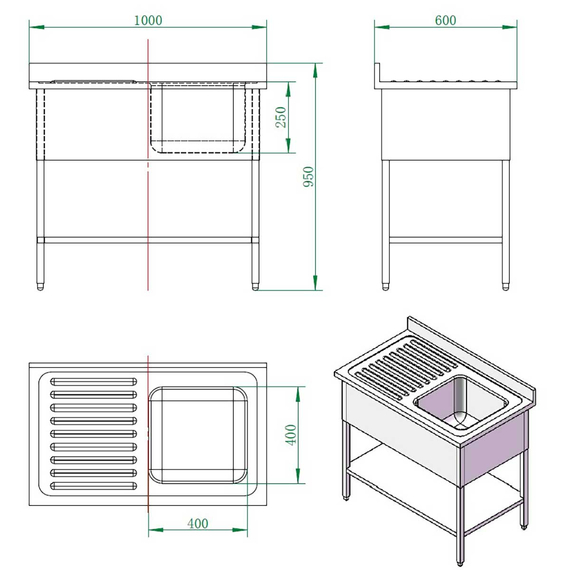 Vaiotec Gastro-Spültisch, 1 Becken rechts mit Abtropffläche, 1000 × 600 mm, Bild 4