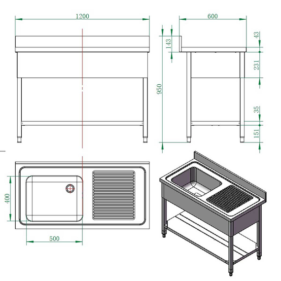 Vaiotec Gastro-Spültisch, 1 Becken links und Abtropffläche, 1200 × 600 mm, Bild 4