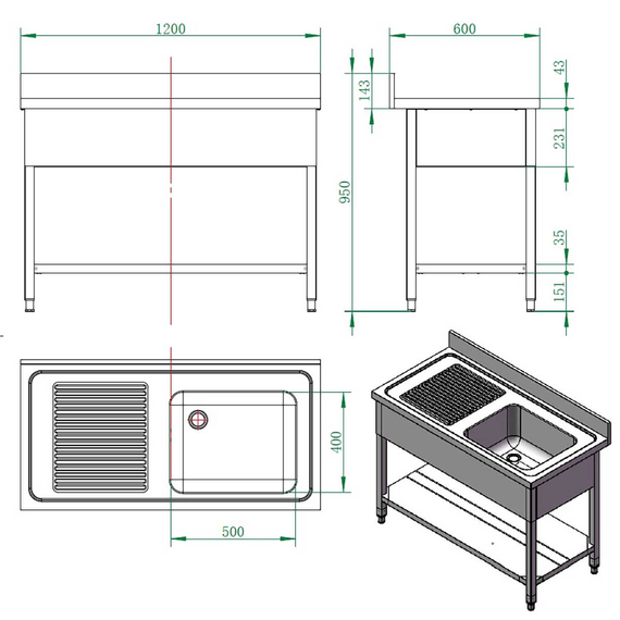Vaiotec Gastro-Spültisch, 1 Becken rechts und Abtropffläche, 1200 × 600 mm, Bild 3