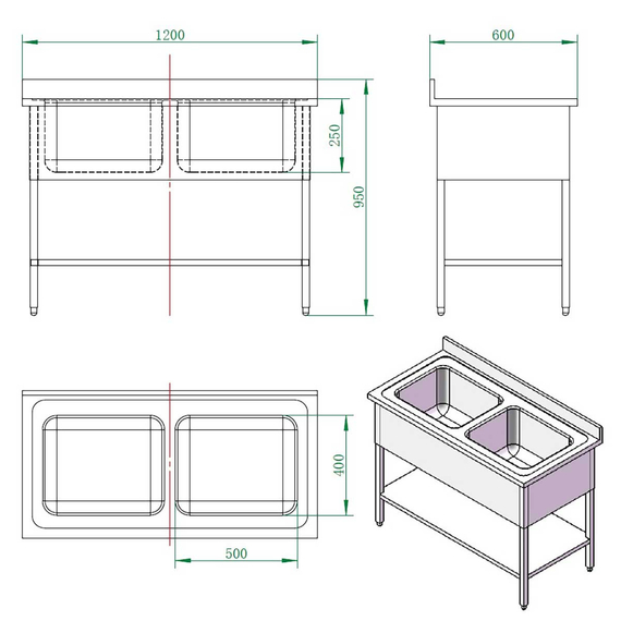 Vaiotec Gastro-Spültisch, 2 Becken, 1200 × 600 mm, Bild 2