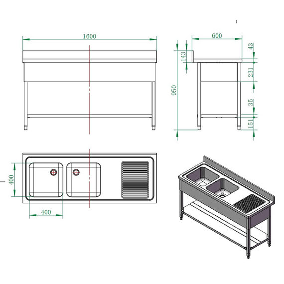 Vaiotec Gastro-Spültisch, 2 Becken links und Abtropffläche, 1600 × 600 mm, Bild 3