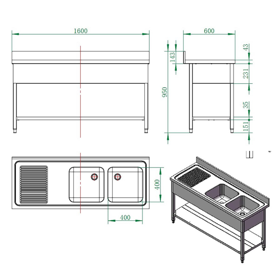 Vaiotec Gastro-Spültisch, 2 Becken rechts und Abtropffläche, 1600 × 600 mm, Bild 3
