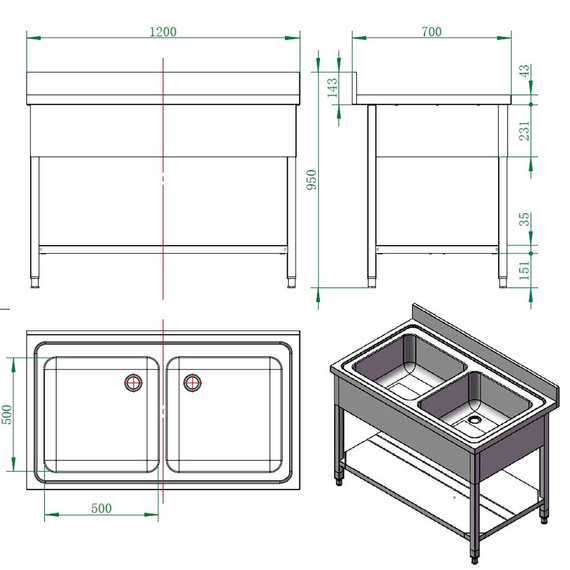 Vaiotec Gastro-Spültisch, 2 Becken, 1200 × 700 mm, Bild 2