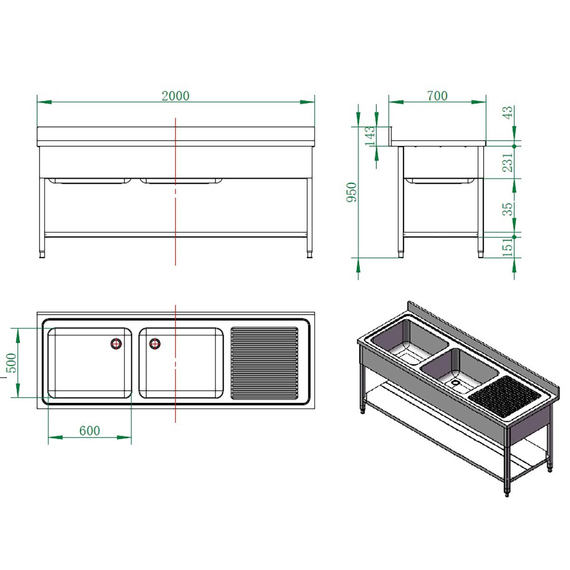 Vaiotec Gastro-Spültisch, 2 Becken links und Abtropffläche, 2000 × 700 mm, Bild 3