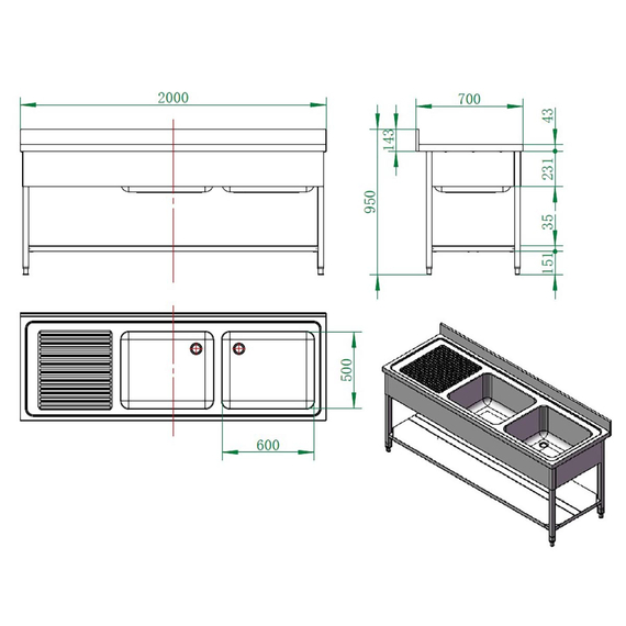 Vaiotec Gastro-Spültisch, 2 Becken rechts und Abtropffläche, 2000 × 700 mm, Bild 3