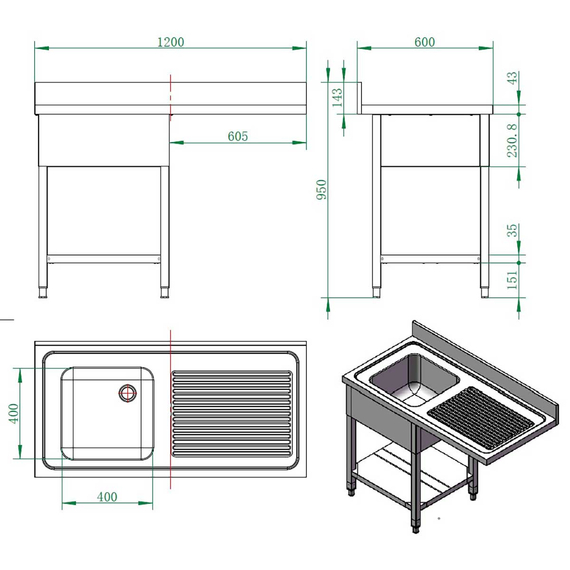 Vaiotec Gastro-Spülcenter, 1 Becken links, 1200 × 600 mm, Bild 2