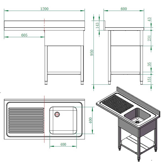 Vaiotec Gastro-Spülcenter, 1 Becken rechts, 1200 × 600 mm, Bild 2