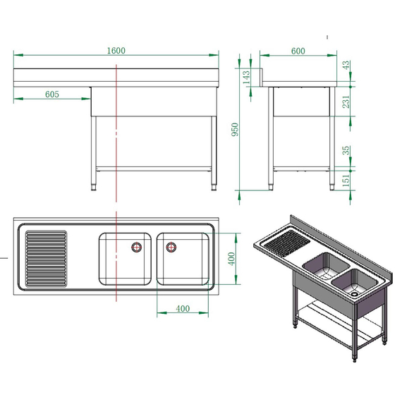 Vaiotec Gastro-Spülcenter, 2 Becken rechts, 1600 × 600 mm, Bild 4