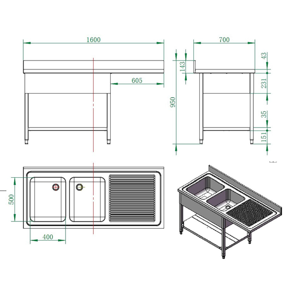Vaiotec Gastro-Spülcenter, 2 Becken links, 1600 × 700 mm, Bild 2