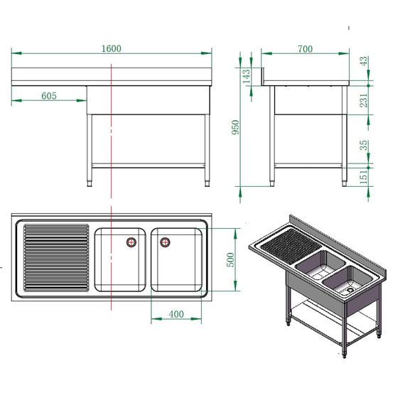 Vaiotec Gastro-Spülcenter, 2 Becken rechts, 1600 × 700 mm, Bild 4