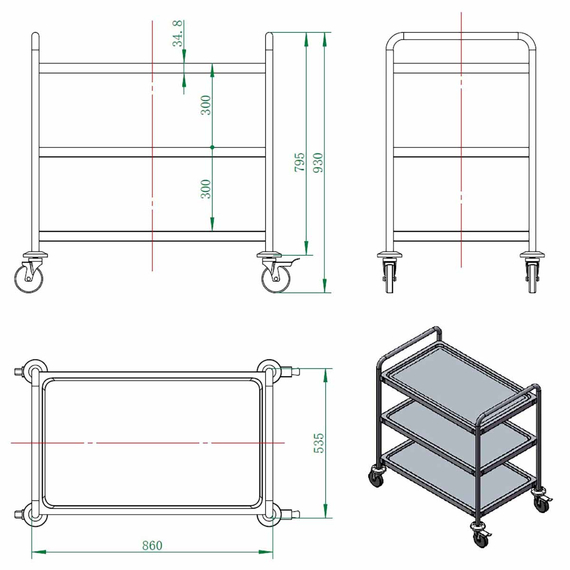 Vaiotec Servierwagen Edelstahl, 3 Böden, 860 × 540 mm, Bild 5