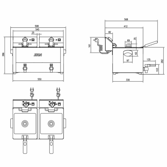 Vaiotec Elektro Gastro-Fritteuse 2 Becken mit Ablasshahn 8 + 8 Liter, 600 × 570 mm, Bild 5