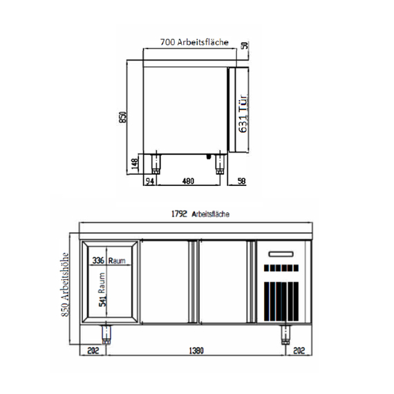 Vaiotec Topline Gastro-Kühltisch, 3-fach GN 1/1 mit 3 Türen, 1795 × 700 mm, Bild 4