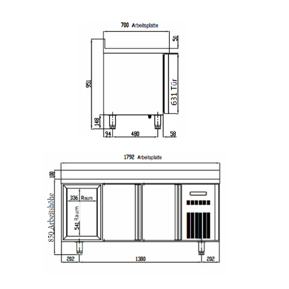 Vaiotec Topline Gastro-Kühltisch, 3-fach GN 1/1 mit 2 Schubladen, 2 Türen & Aufkantung, 1795 × 700 mm, Bild 4