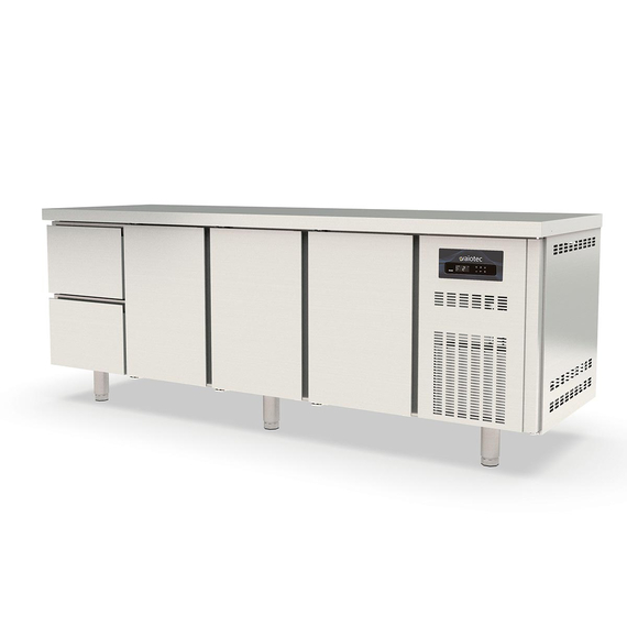 Vaiotec Topline Gastro-Kühltisch, 4-fach GN 1/1 mit 2 Schubladen, 3 Türen, 2245 × 700 mm