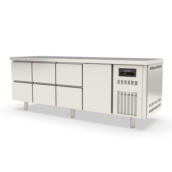 Vaiotec Topline Gastro-Kühltisch, 4-fach GN 1/1 mit 6 Schubladen, 1 Tür, 2245 × 700 mm